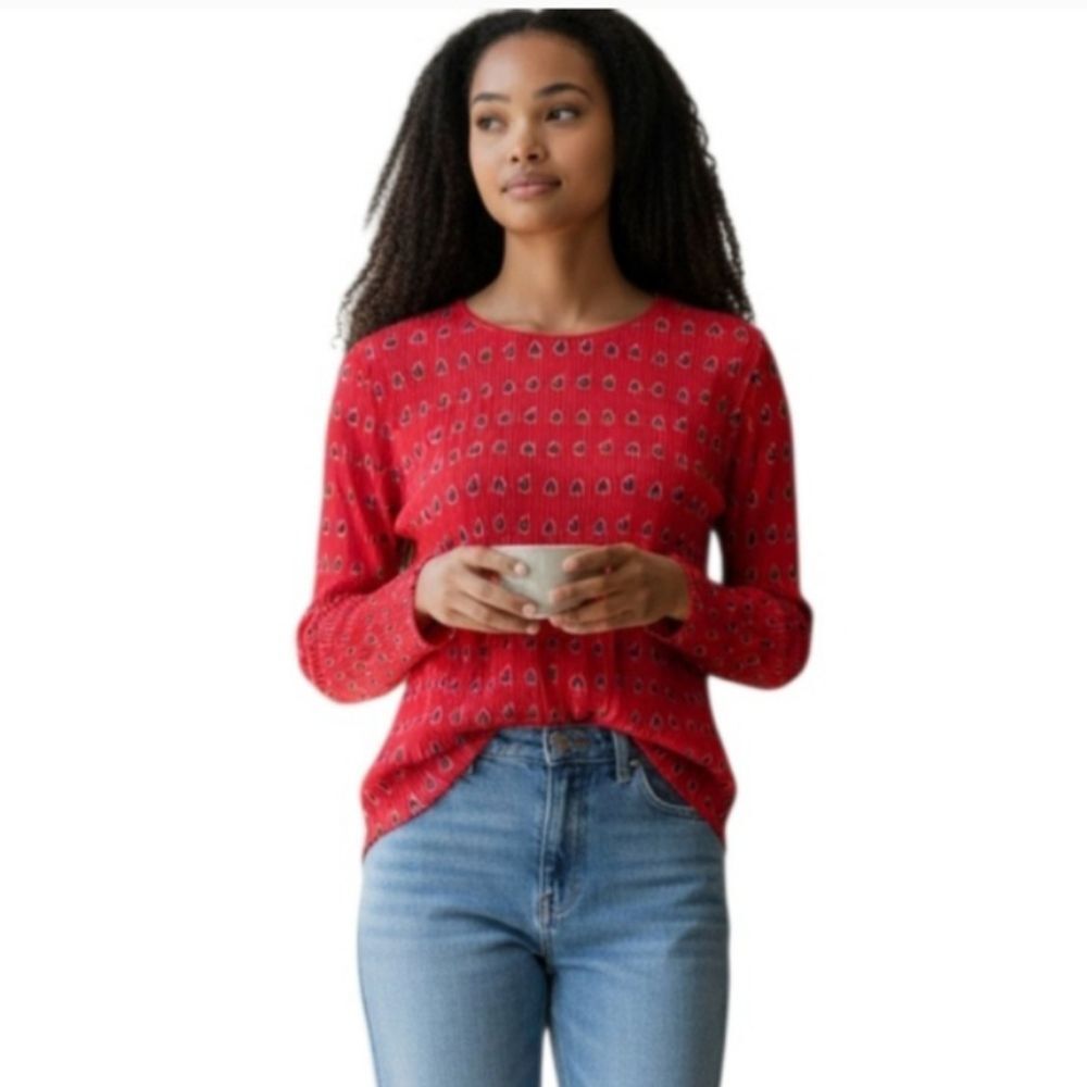 ROSE & OLIVE RED & BLACK HEART PRINTED FLARE SLEEVE BLOUSE SZ.L EUC.